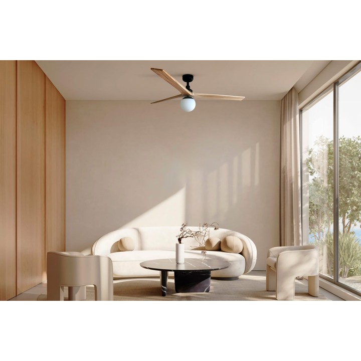 Faro KLIM L Ventilador blanco/madera roble DC E27 SMART