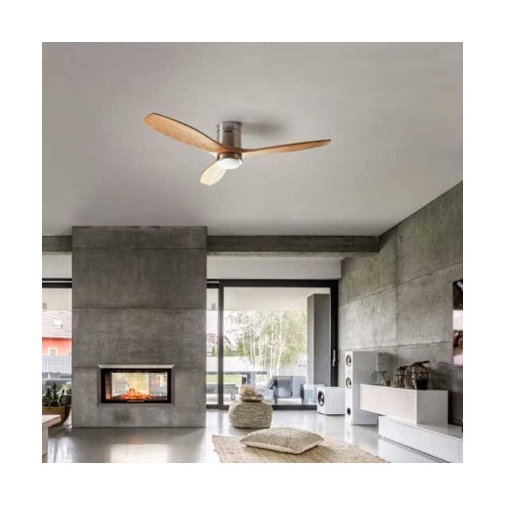Ventilador de Techo Leds C4 Stem con luz Led 15W 3000K Niquel Satinado / Pino